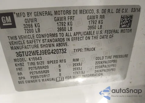 2014 GMC Sierra 1500 Denali z USA, uszkodzony, nr VIN 3GTU2WEJ9EG420732